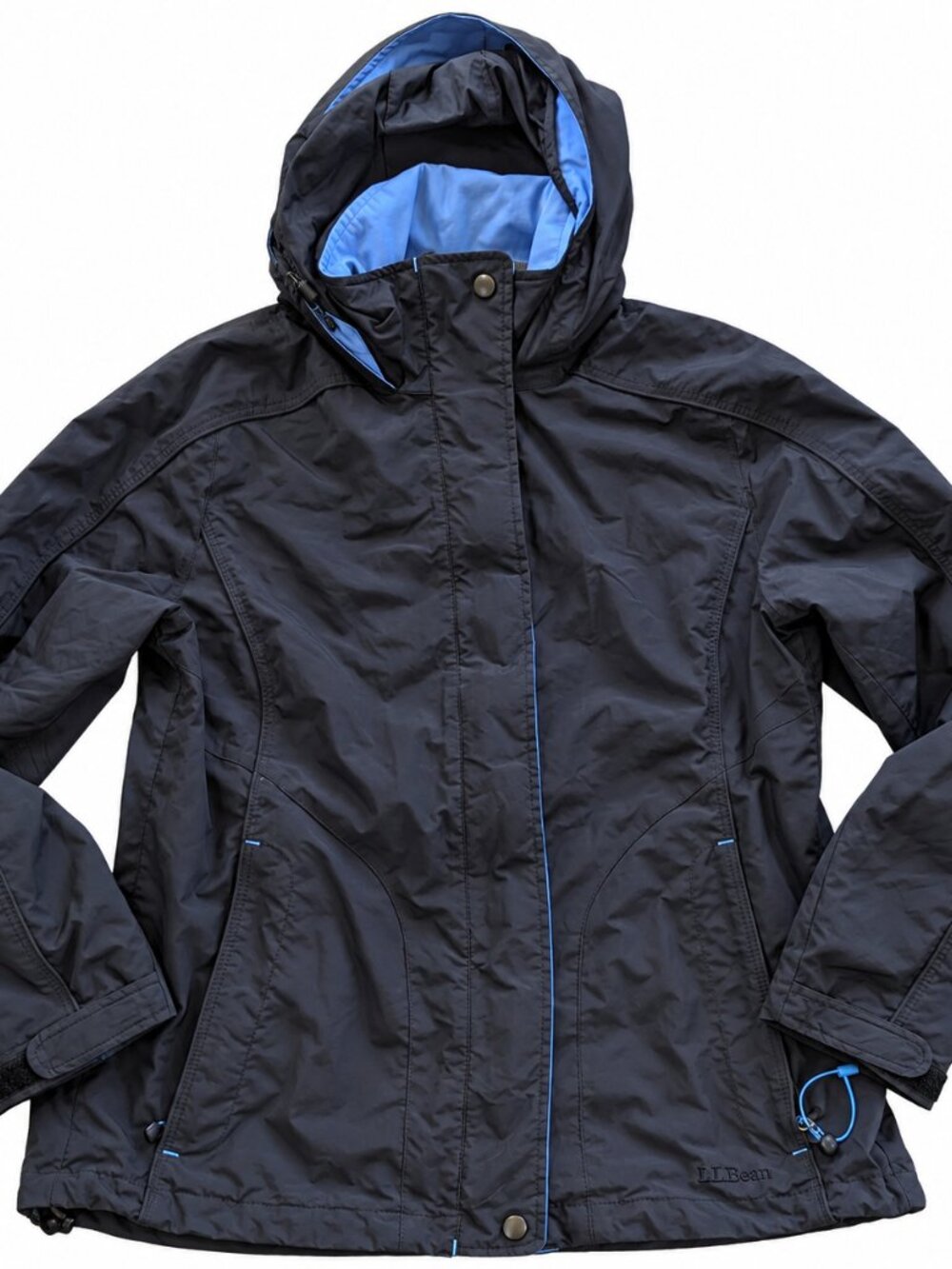 L.L.Bean Women’s Hooded Rain Jacket Black Blue Nylon Shell Small